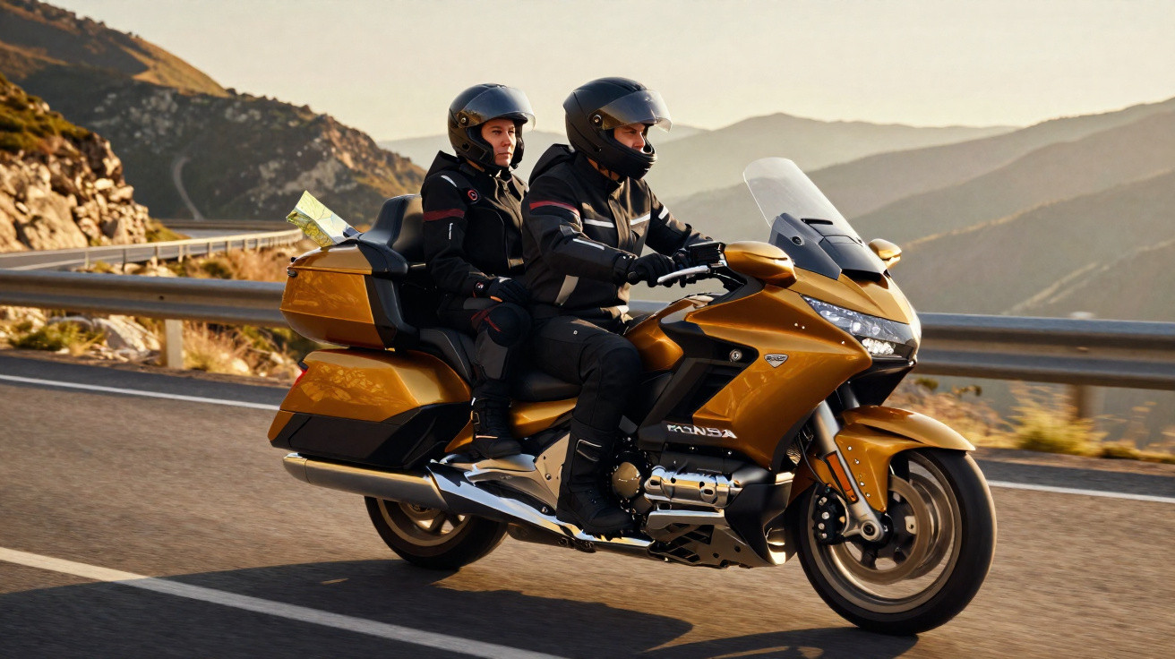 Two people wearing helmets riding a gold Honda touring motorcycle on a mountain road at sunset.