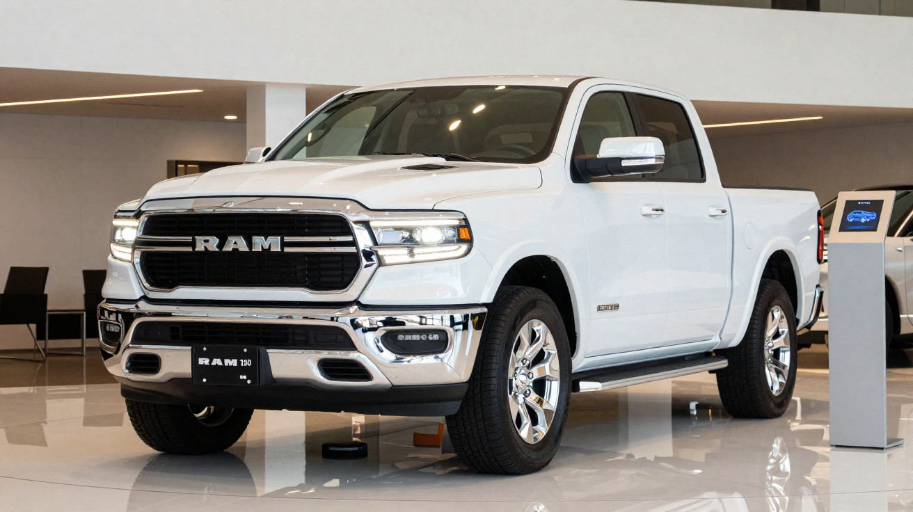 White RAM 1500 pickup truck displayed indoors on a polished floor with chrome accents and four doors.