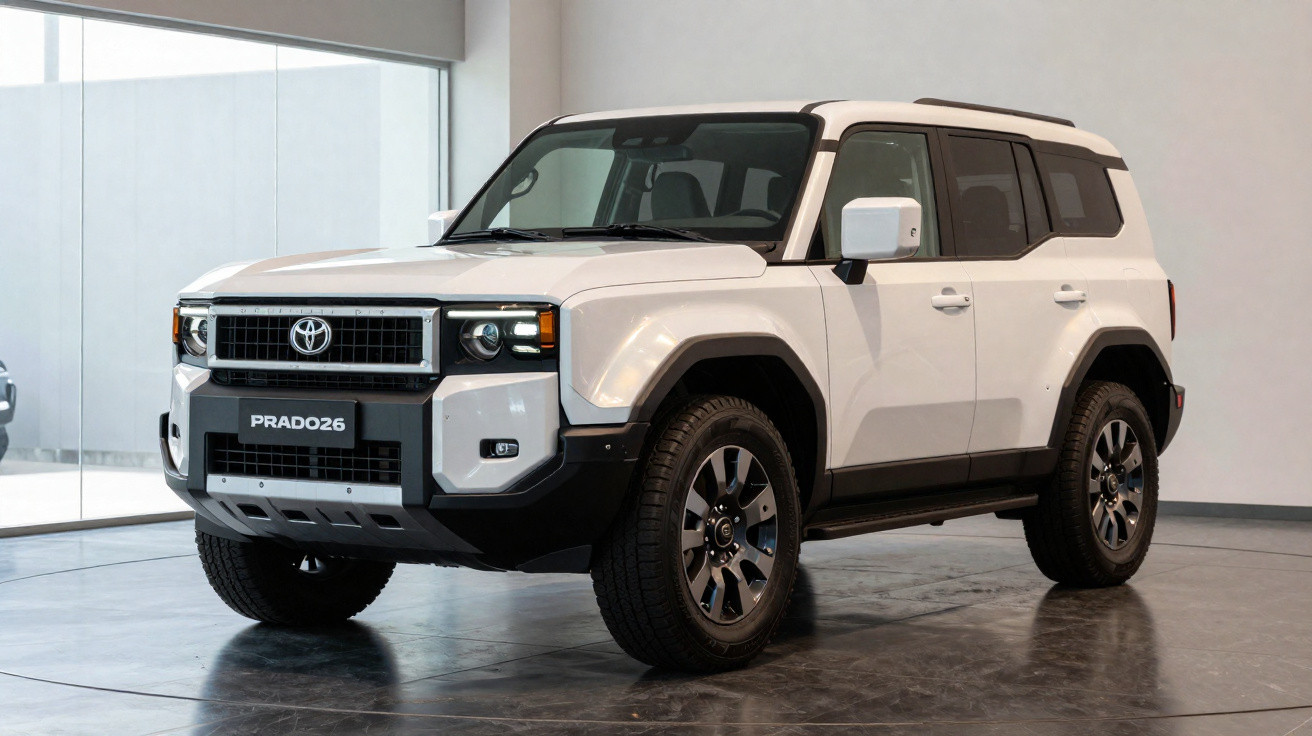 White Toyota Prado 26 SUV parked indoors with a boxy, rugged design and black detailing.
