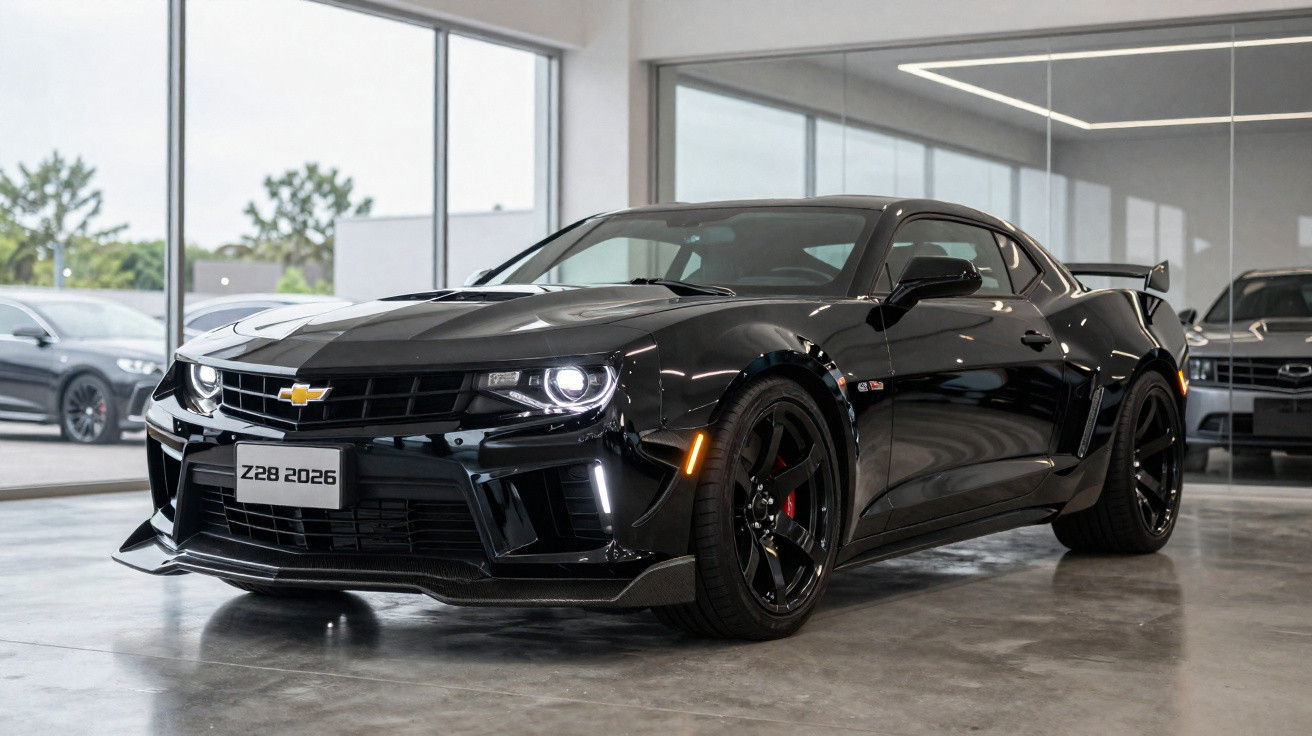 Black 2026 Chevrolet Camaro Z28 sports car displayed inside a showroom with polished concrete floor.