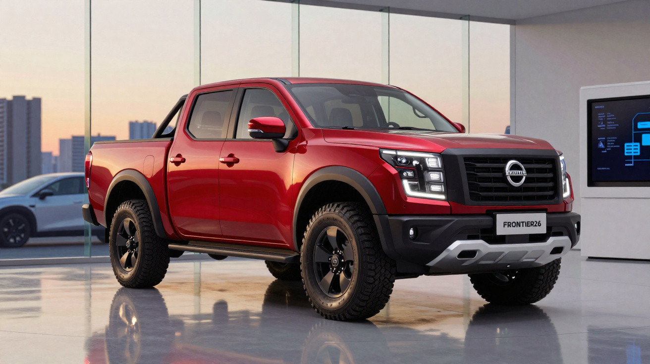 Red Nissan Frontier26 pickup truck displayed indoors with city skyline visible through glass walls.