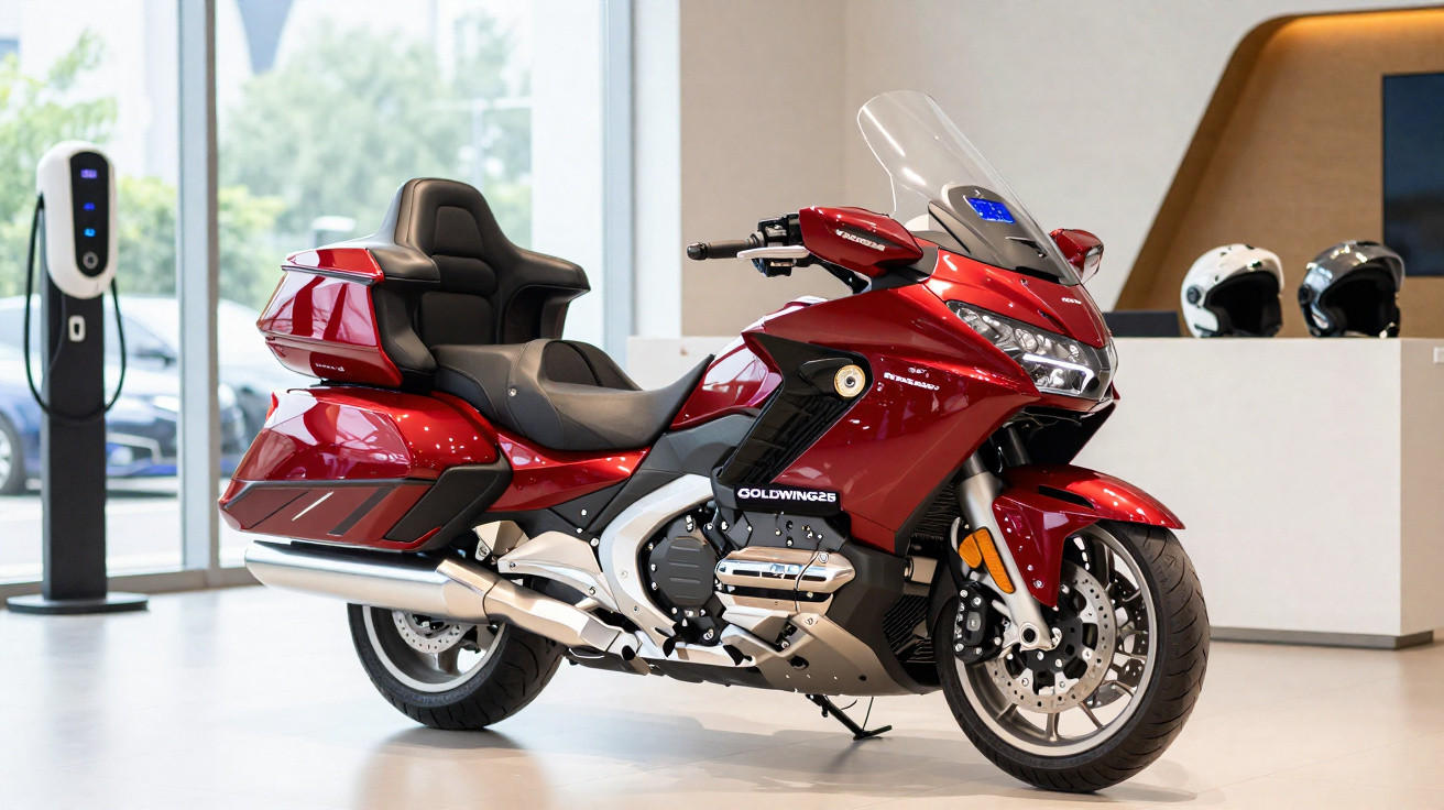Shiny red touring motorcycle with large seat and windshield displayed indoors near electric charging station.