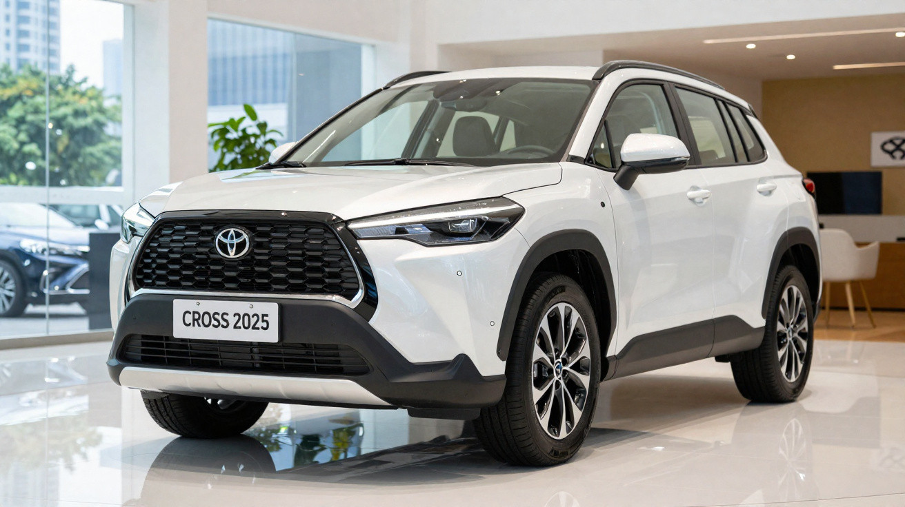 White 2025 Toyota Cross SUV displayed indoors with black grille and alloy wheels