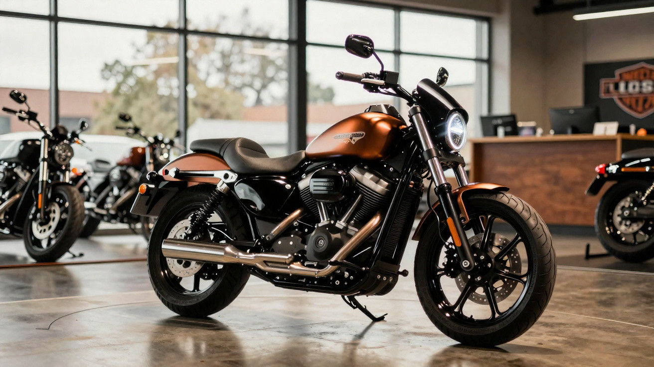 Copper-coloured Harley-Davidson motorcycle displayed indoors with other bikes and showroom windows in the background.