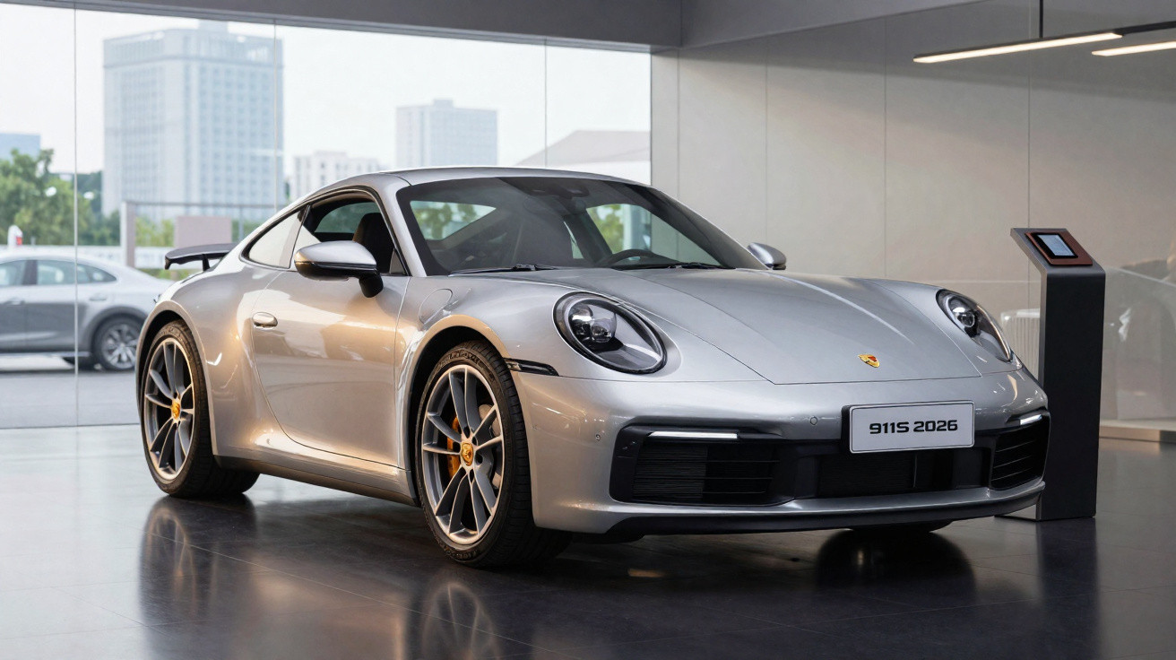 Silver 2026 Porsche 911S sports car displayed indoors with city buildings visible through large windows.