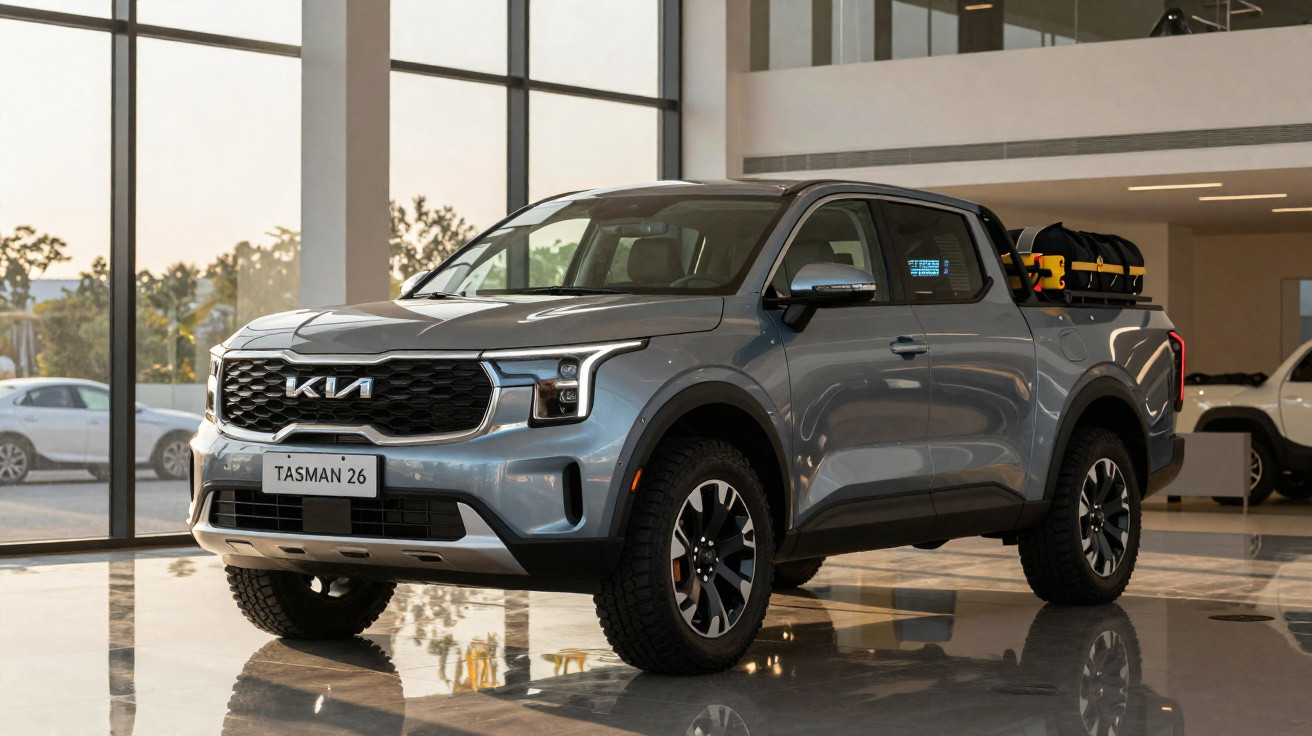 Grey Kia Tasman double-cab pickup truck displayed indoors with equipment in the truck bed.