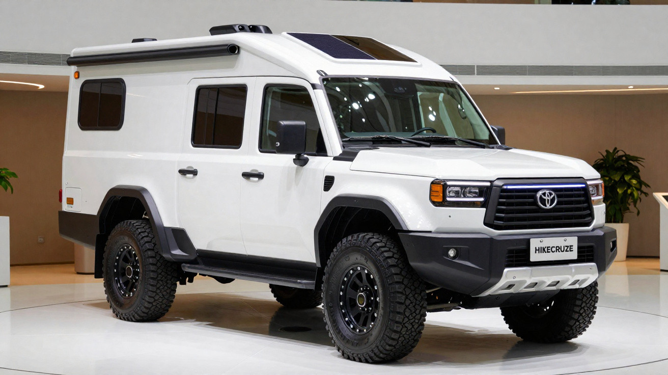 White Toyota Hikecruizer off-road camper vehicle displayed indoors on shiny white floor.