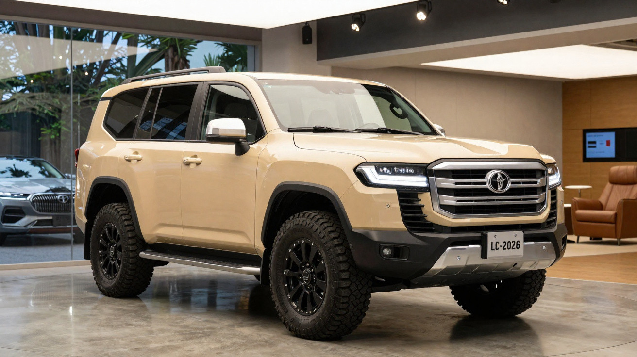 Beige off-road SUV with large black wheels displayed in a modern showroom with polished concrete floor.
