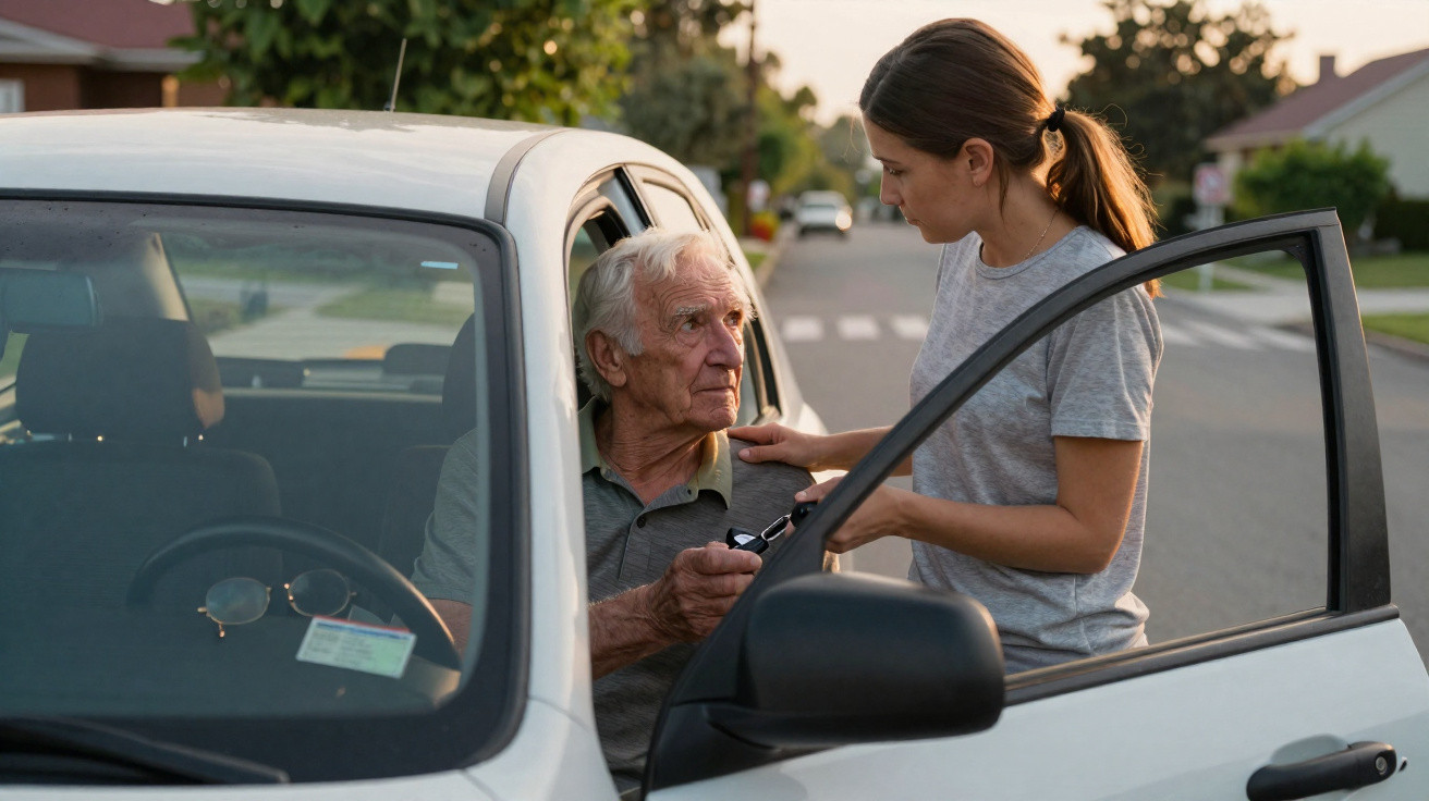 Elderly man sitting in car handing keys to woman standing outside with hand on his shoulder.