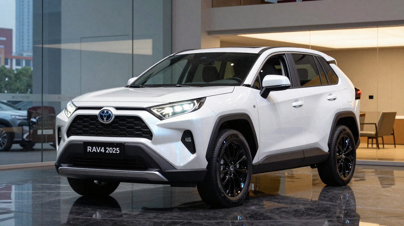 White 2025 Toyota RAV4 SUV displayed indoors with black alloy wheels and modern showroom background.