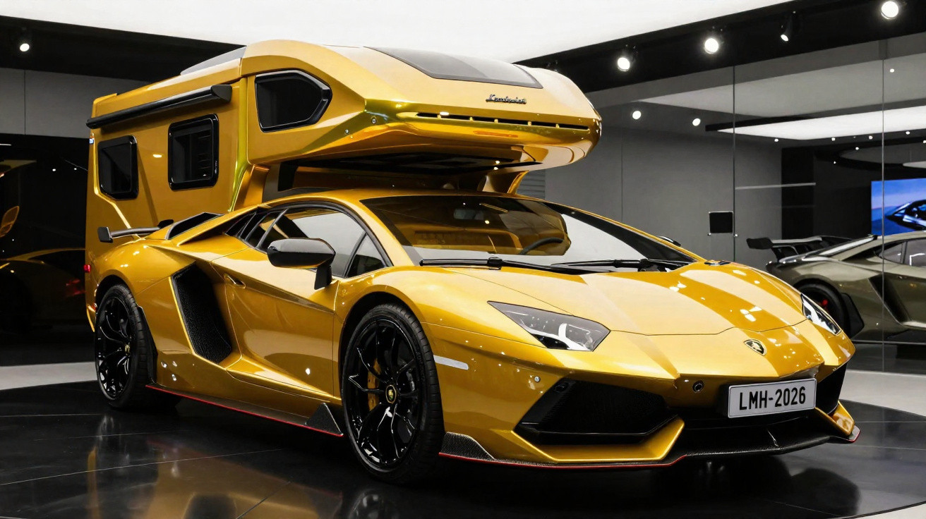 Gold Lamborghini sports car modified with a camper attachment mounted on its roof in a showroom.
