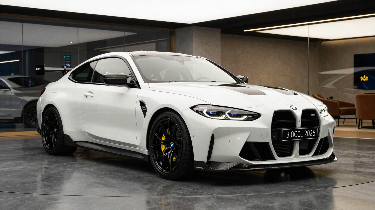 White BMW M4 coupe with black detailing and yellow brake calipers parked indoors on polished concrete floor.