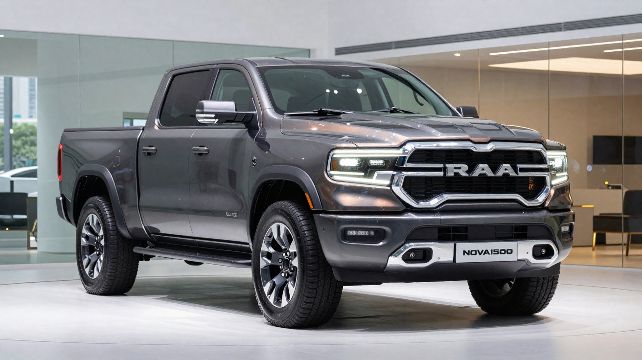 Grey RAM Nova 1500 pickup truck displayed indoors with modern design and LED headlights.
