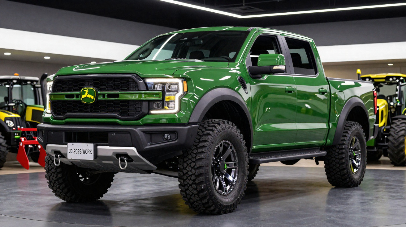 Green John Deere branded pickup truck displayed indoors with off-road tyres and tractors in the background.