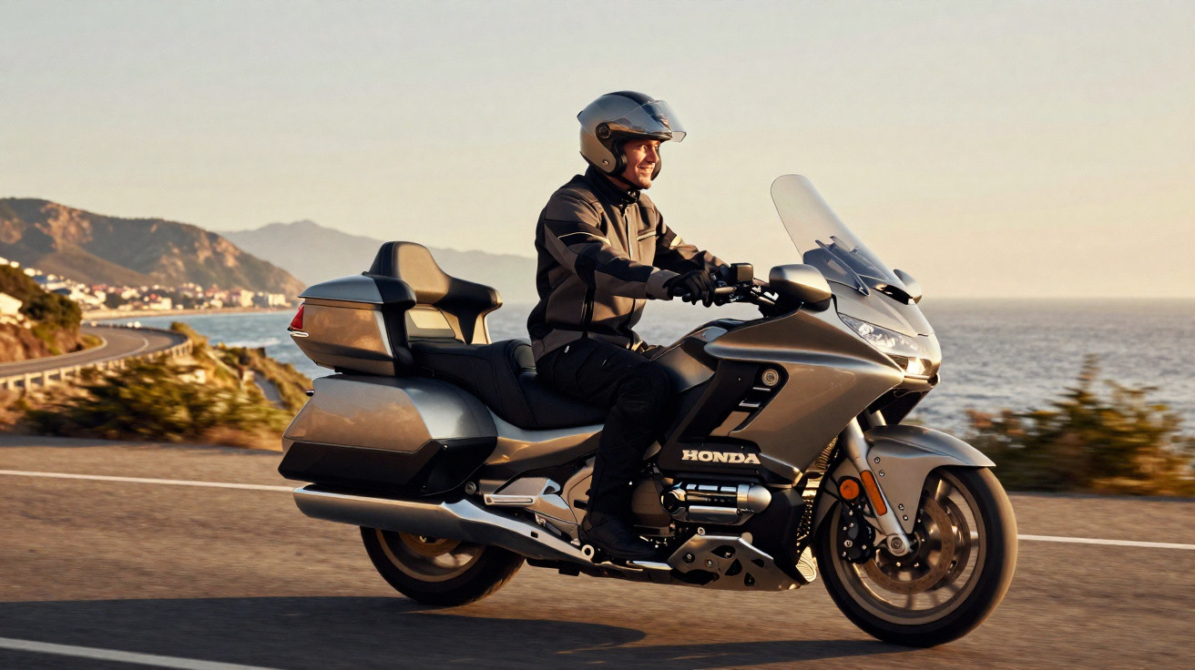 Man wearing helmet riding a Honda touring motorcycle along a coastal road at sunset.