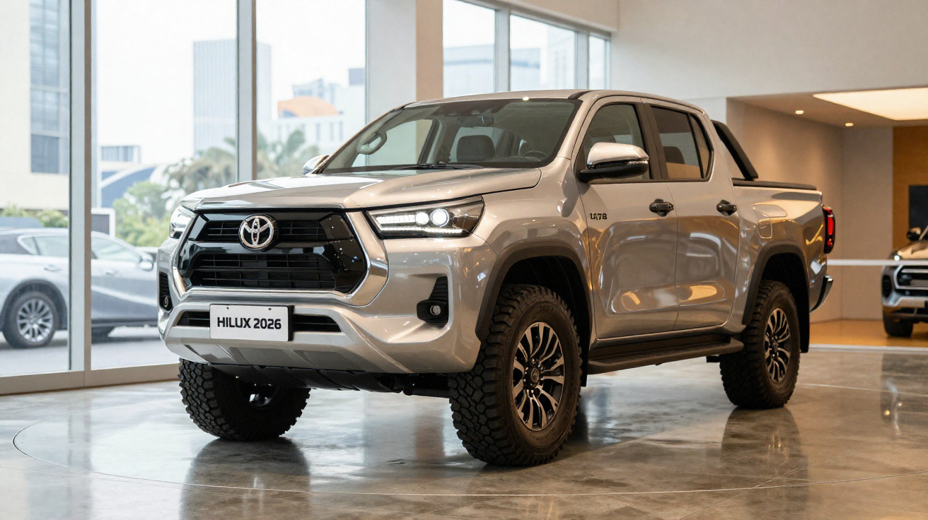 2026 silver Toyota Hilux pickup truck displayed indoors with large windows and polished floor.