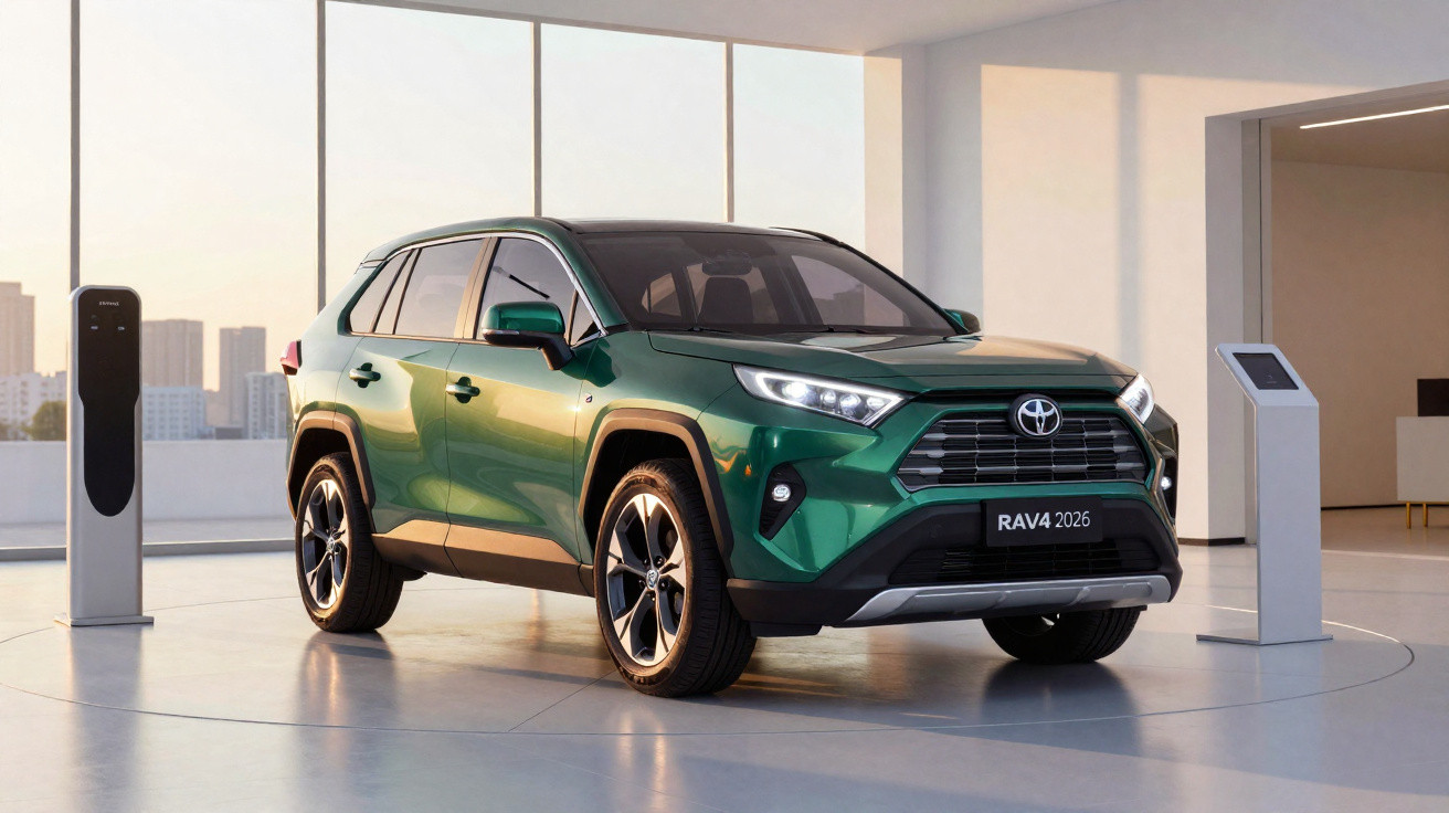 Green 2026 Toyota RAV4 electric car displayed in a modern showroom with charging stations.