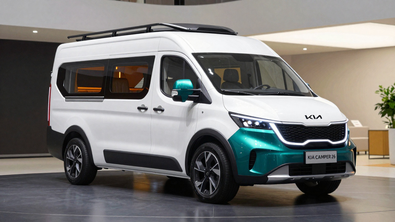 White and teal Kia camper van with roof rack displayed indoors on glossy floor.