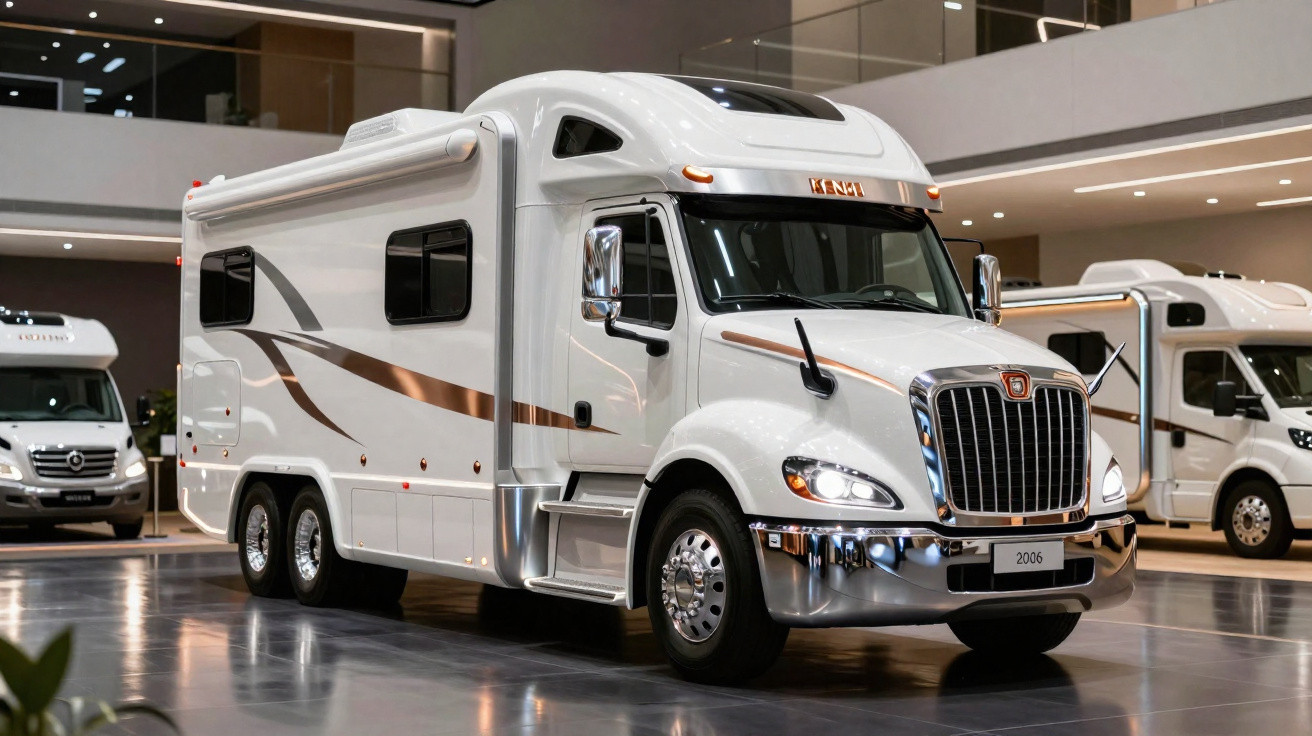 White luxury motorhome with brown stripe detailing displayed indoors with other motorhomes in the background