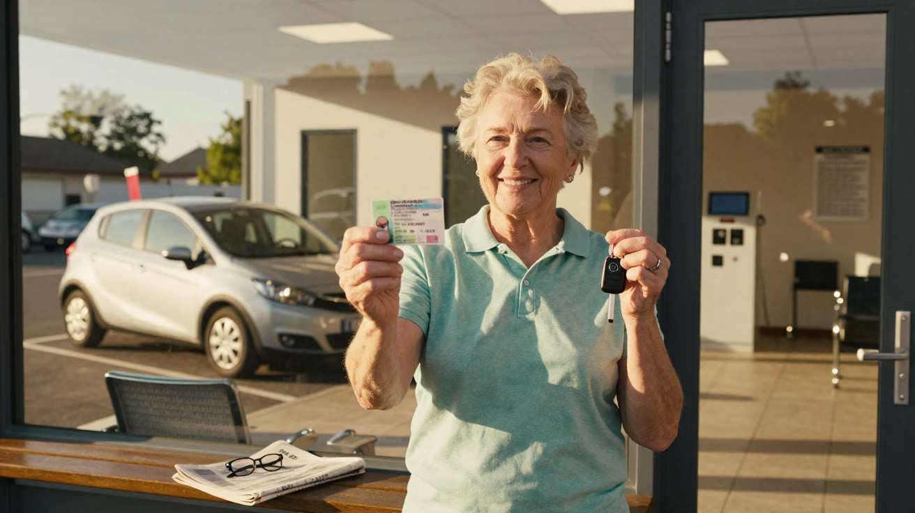 Older woman smiling and holding a driving licence and car keys outside a dealership with a car in the background.