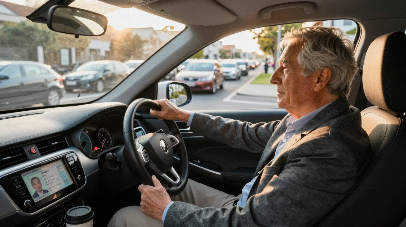 Older man driving a car on a sunny day, with traffic visible outside the window and driver’s license displayed on screen.
