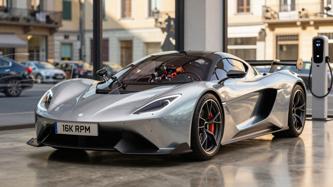 Silver high-performance sports car parked indoors near an electric vehicle charging station.