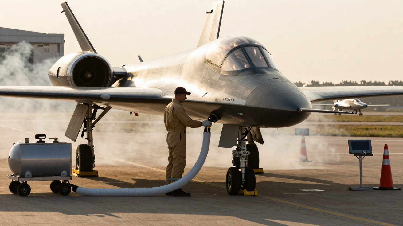 A person refuels a sleek military jet on a concrete airstrip during sunset with smoke around the aircraft.