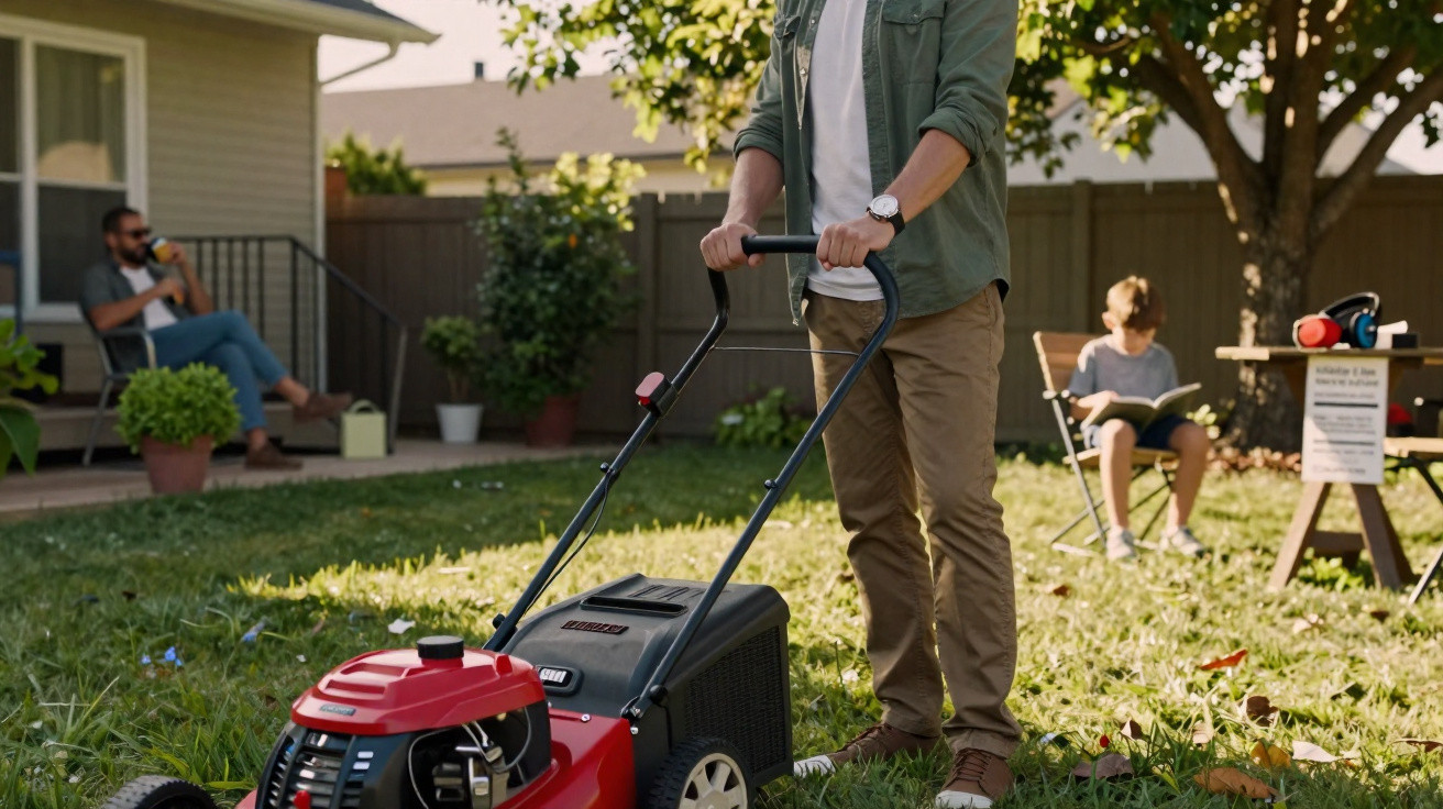 Person mowing a lawn with a red lawnmower in a backyard while others relax nearby in the sun.