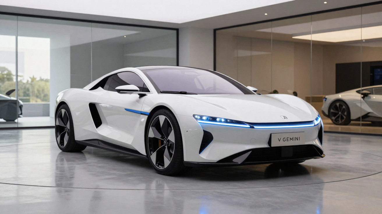 White V Gemini electric sports car with sleek design and LED headlights in a modern showroom.