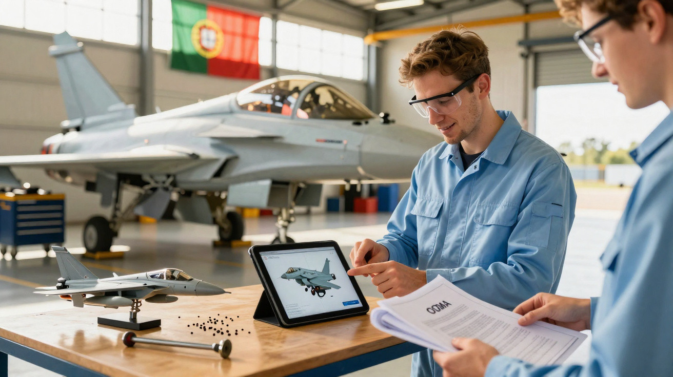 Two male engineers in blue coveralls reviewing a fighter jet model and design on a tablet with a real jet in the hangar.