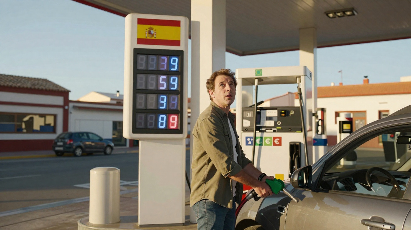Man pumping fuel into a car at a petrol station with a price board featuring the Spanish flag.