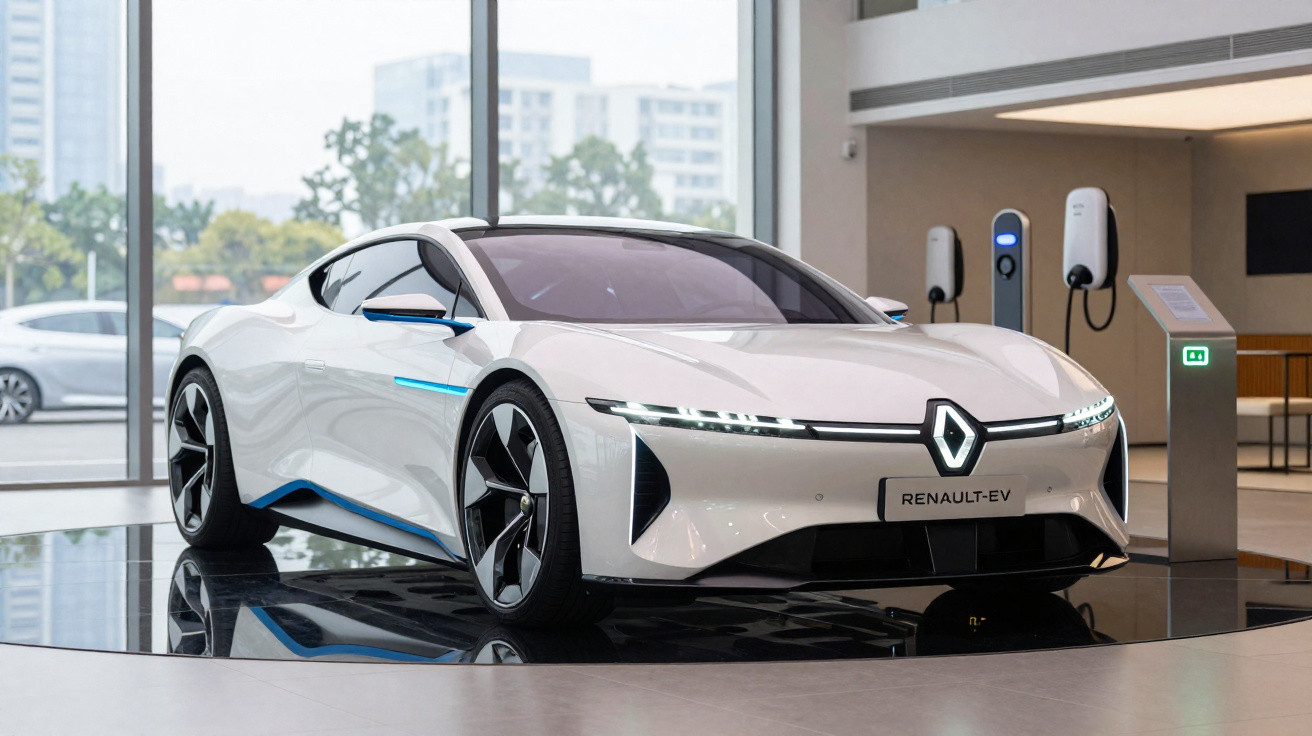 White Renault electric sports car displayed indoors with charging stations in the background.