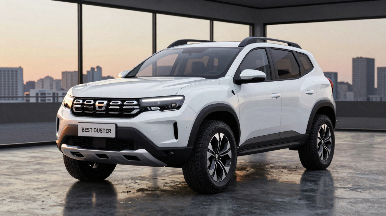 White Dacia Best Duster SUV parked in a modern indoor setting with cityscape views through large windows.