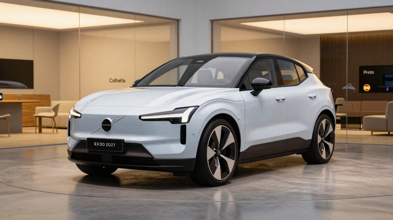 White 2027 Volvo EX30 electric compact SUV displayed in a showroom with modern interior design.