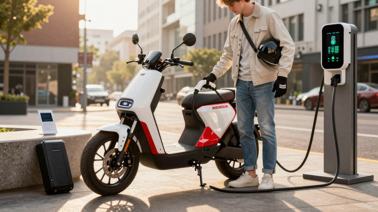 Young man charging a white and red electric scooter at a street charging station holding a black helmet.