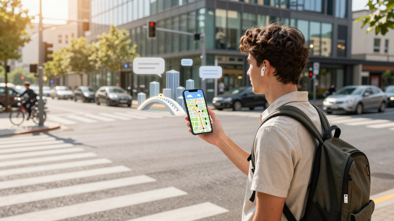 Young man using smartphone with augmented reality city map at busy urban crosswalk.