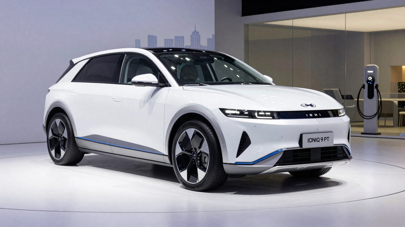 White Hyundai Ioniq 9 PT electric car displayed indoors with charging station in the background.