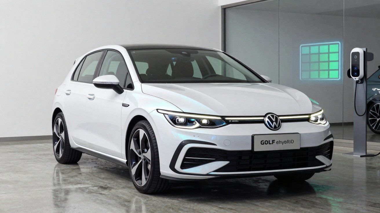 White Volkswagen Golf eHybrid hatchback parked indoors near electric vehicle charging station.