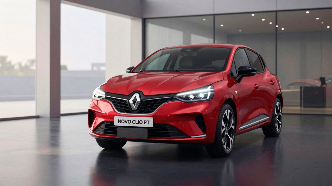Red Renault Novo Clio PT hatchback parked indoors on a polished floor with modern glass walls in the background.