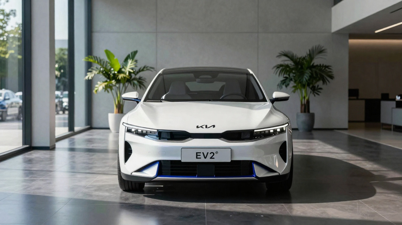 Front view of a white Kia EV2 electric car displayed indoors with plants in the background.