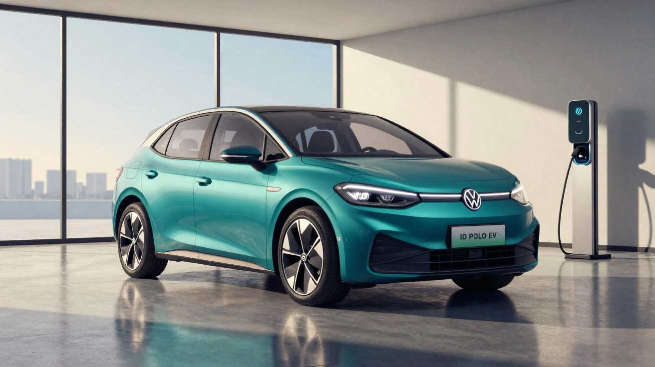 Green Volkswagen ID Polo EV electric car parked indoors next to a charging station with large windows in the background