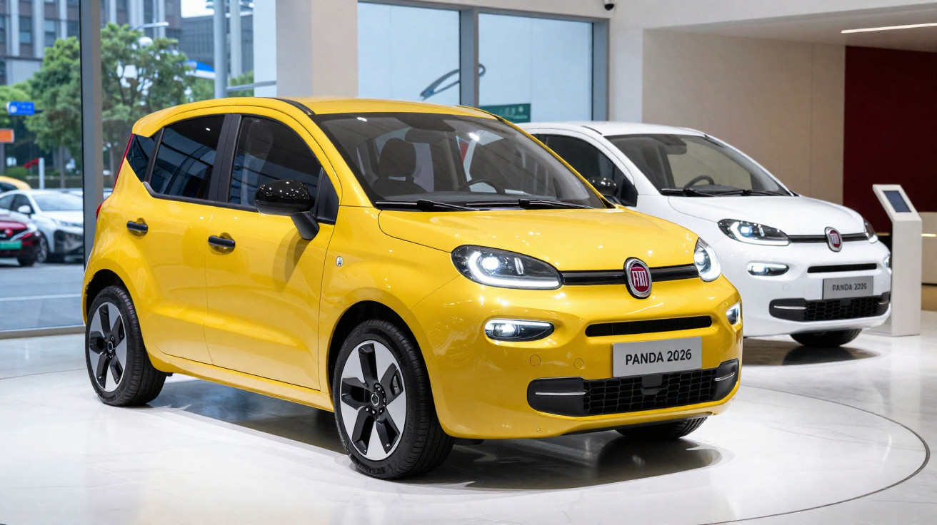 Yellow Fiat Panda 2026 displayed in showroom with a white Fiat Panda 2026 in the background.