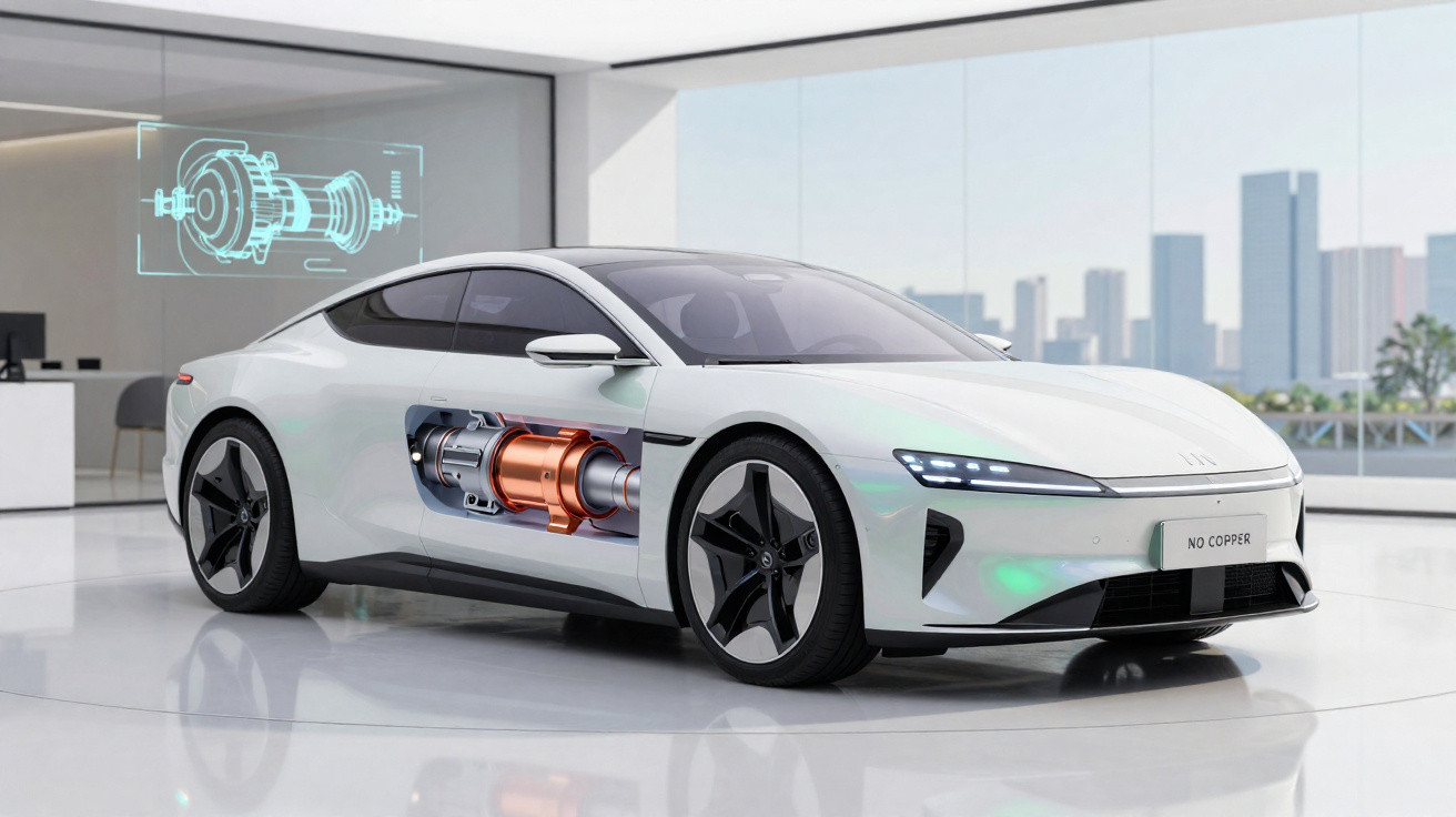 White modern electric car with a cutaway showing an internal copper component, displayed in a bright showroom.
