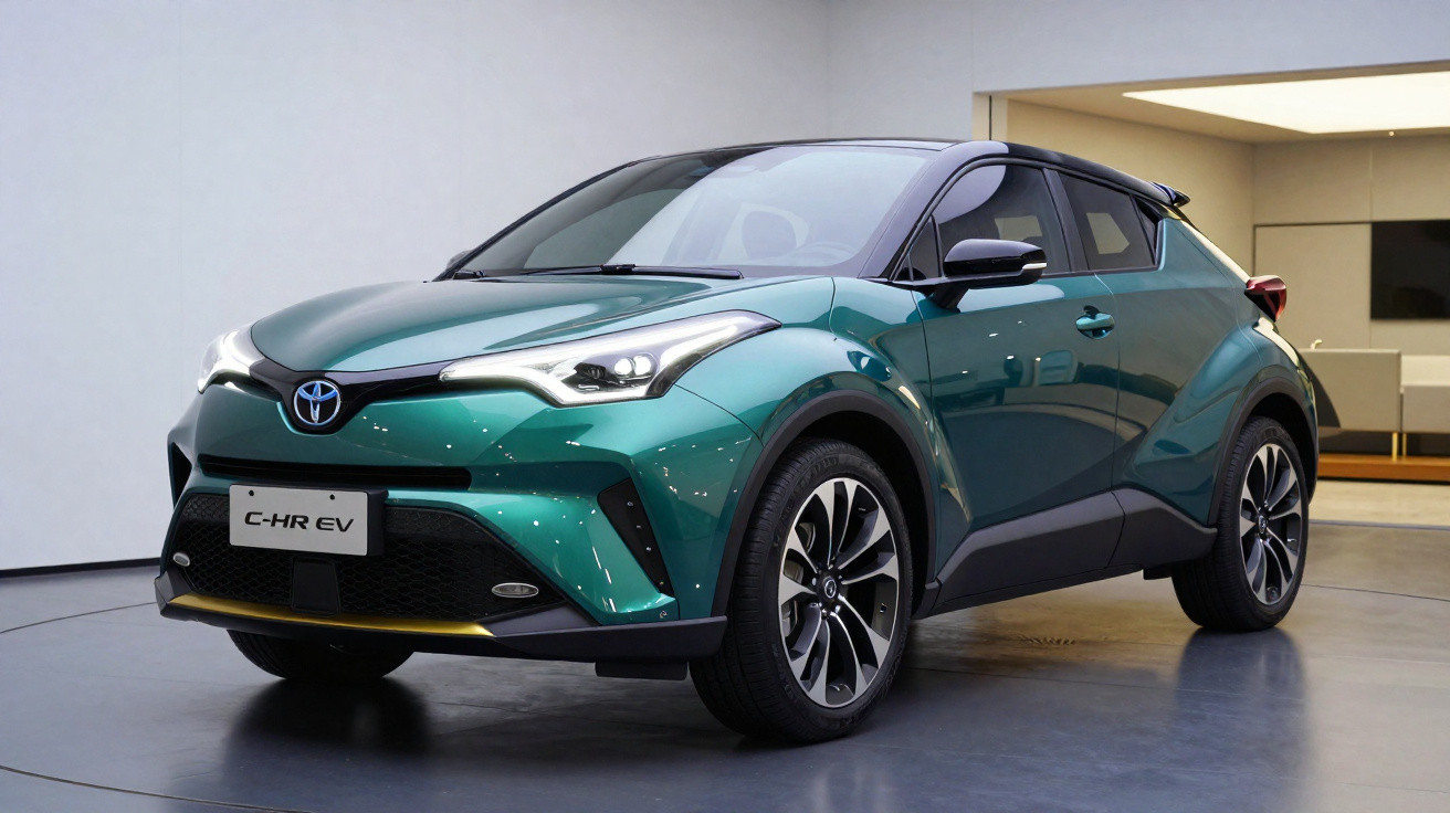 Green Toyota C-HR EV electric compact SUV displayed indoors on a showroom floor.