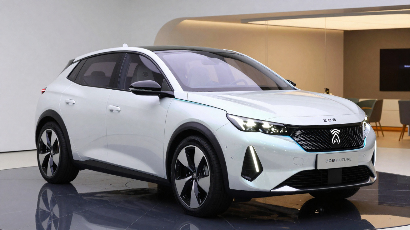 White Citroën 208 Future electric hatchback displayed indoors on reflective floor.