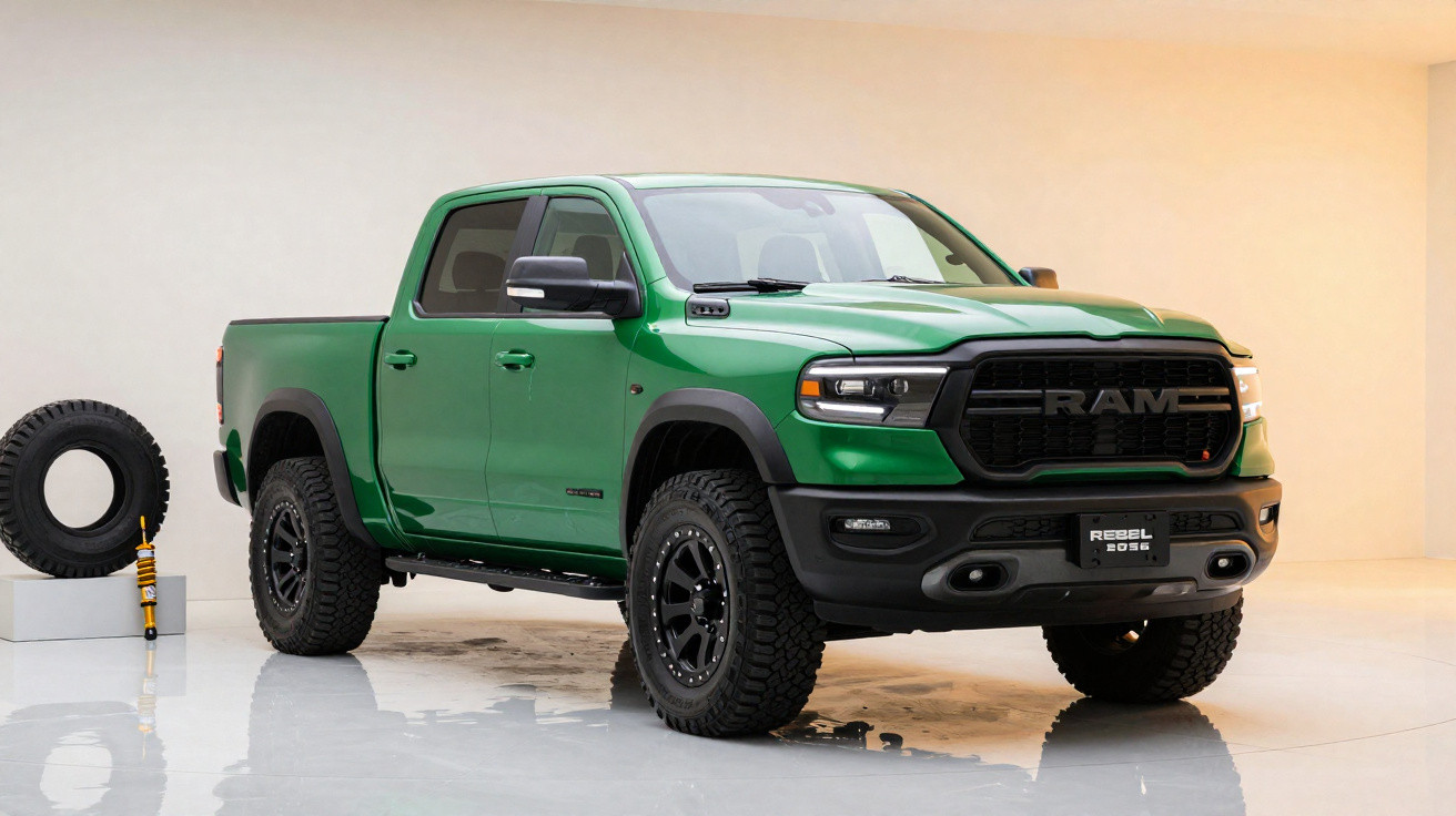 Green RAM Rebel 2023 pickup truck in a bright showroom with a spare tyre and shock absorber displayed nearby.