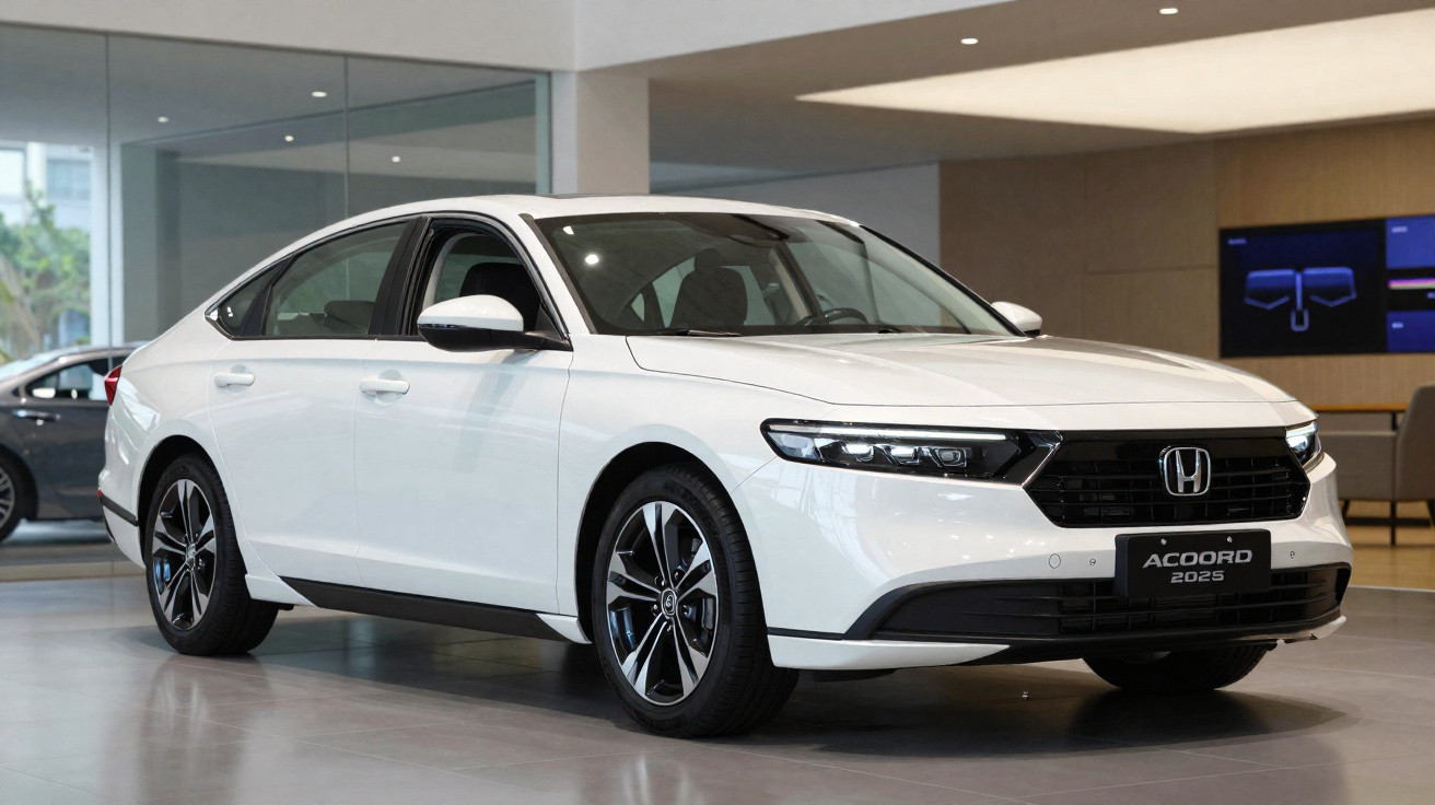 White 2025 Honda Accord sedan displayed in a modern showroom with polished floors and ambient lighting.