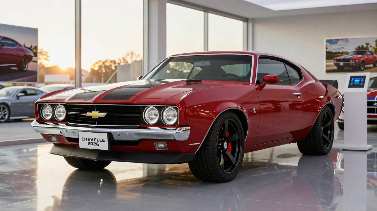 Red Chevrolet Chevelle 2026 model with black stripes displayed in a modern showroom at sunset.