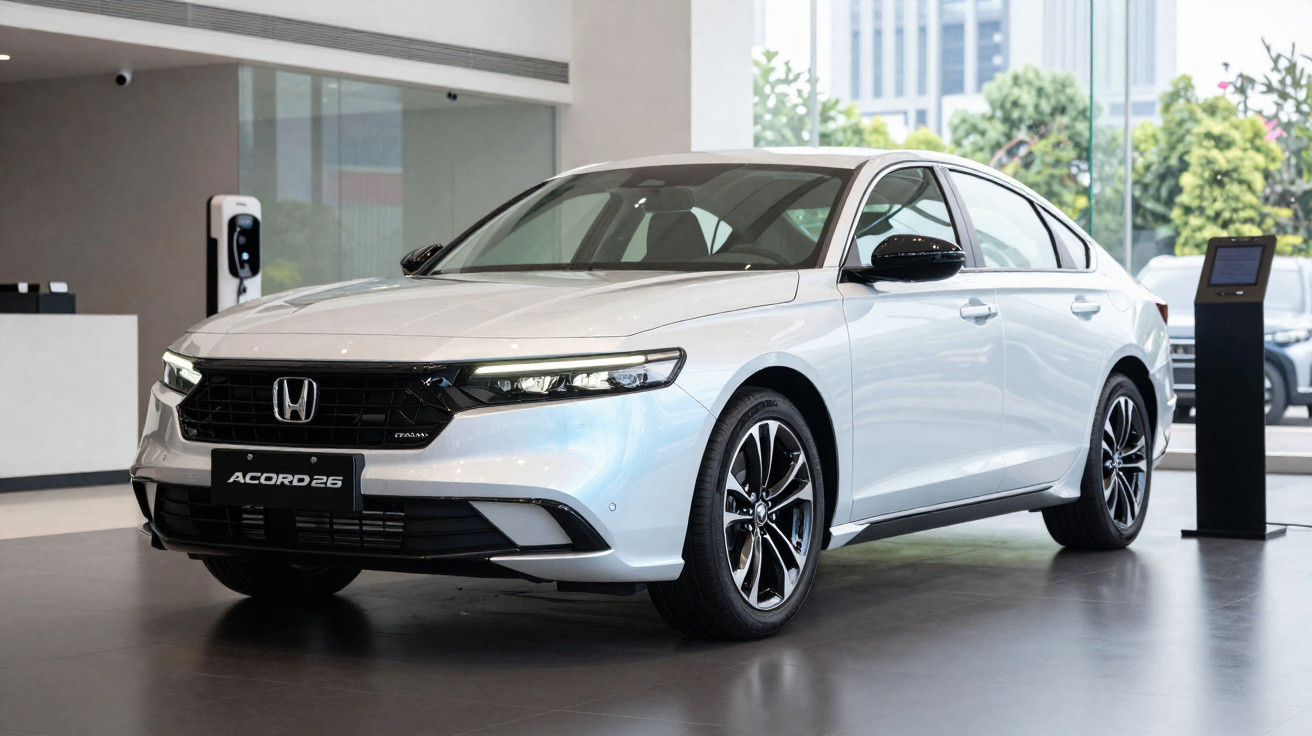 White Honda Accord 26 sedan displayed indoors with sleek design and alloy wheels in showroom.