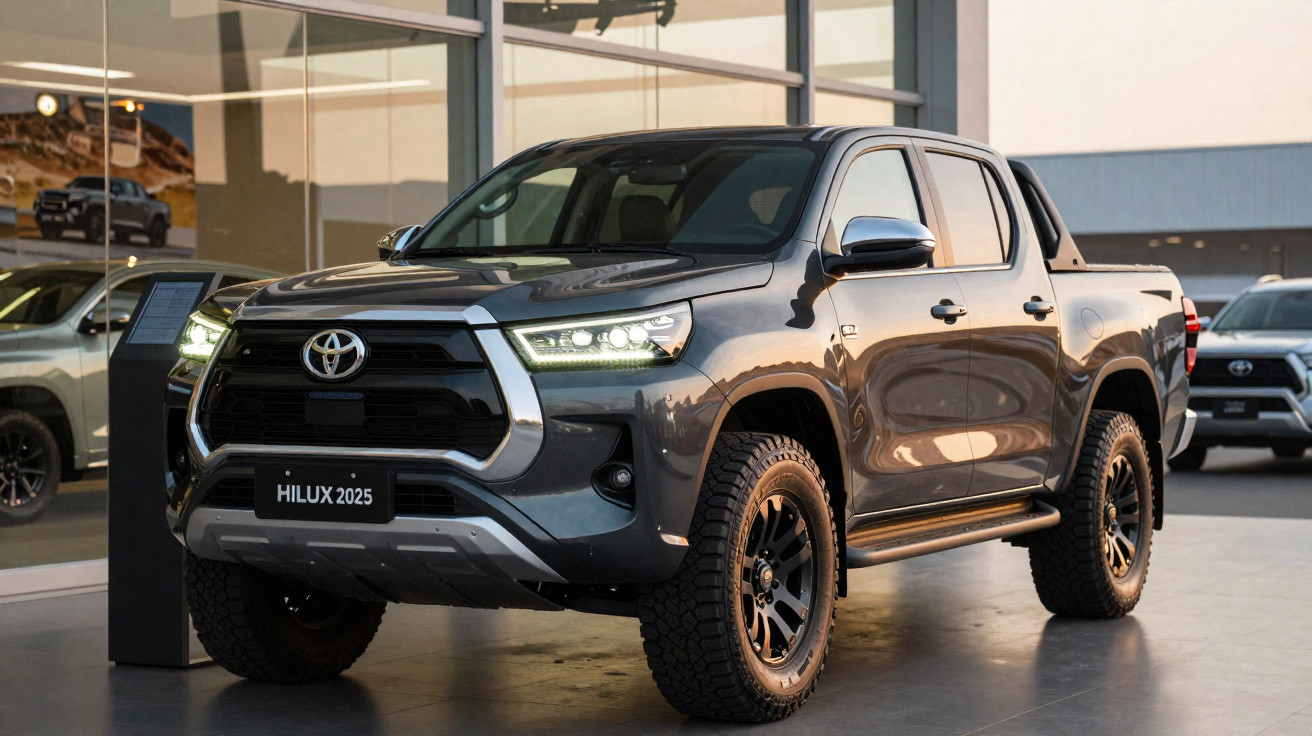 Grey 2025 Toyota Hilux pickup truck displayed indoors with headlights on and rugged tyres.